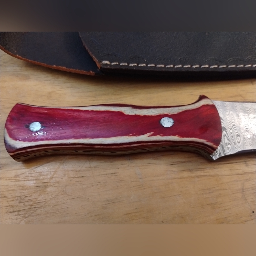 New Mens Red Damascus Steel Blade Knife Double Edged Dagger with Sheath - Picture 8 of 10
